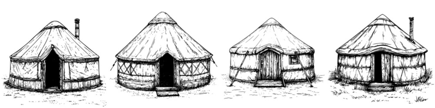 Traditional yurts in a series showcasing unique designs and structures in a rural landscape during daylight