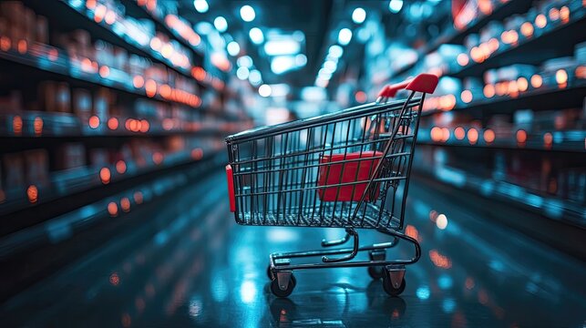 Smart cart technology enabling consumers to add products to their shopping cart using voice commands, app integration, and smart features, creating a more intuitive