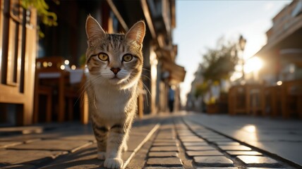 Obraz premium Cat walking confidently on city street with shallow depth of field, golden hour urban pet photography
