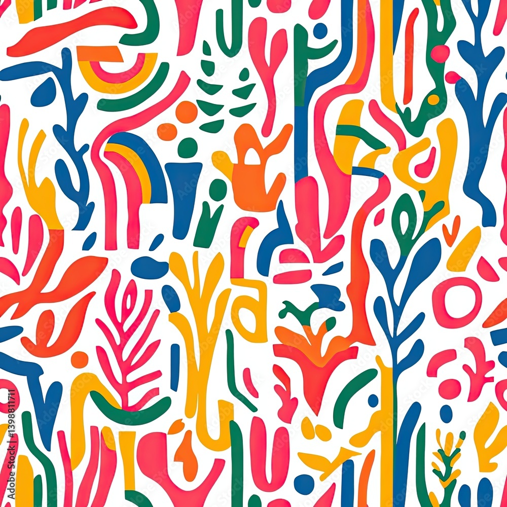 Poster Colorful Abstract Patterns and Playful Shapes Create a Vibrant Visual Experience on a White Canvas