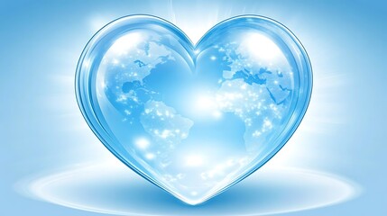 A translucent blue heart-shaped globe, displaying a world map, symbolizes global unity and love.