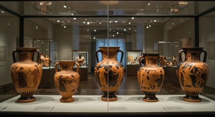Ancient vases displayed in a museum gallery with soft lighting  