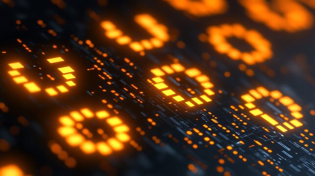 A close-up view of a glowing circuit board with orange light patterns.