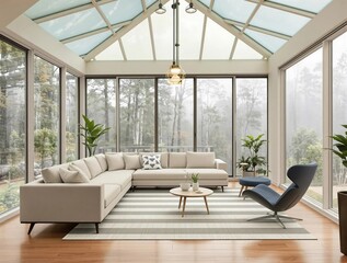 Fototapeta premium A living room with a white couch and a blue chair