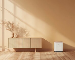 3D rendering of a living room interior design with a beige wall and wooden floor, a long sideboard on the left wall, and an air purifier in front of it