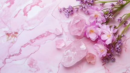 Flat lay of rose quartz crystals with lavender and pink flowers on a marble background surface