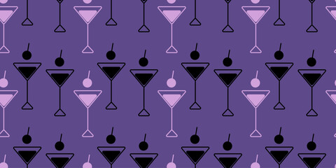 Abstract Martini glasses Icon Seamless Pattern Pink and Dark on violet Background Bartender Day fond
