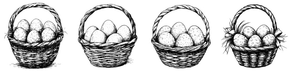 Fototapeta premium Four baskets filled with decorative eggs in various styles arranged in a row
