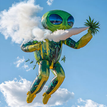Giant inflatable alien smoking a weed spliff floating through the sky 