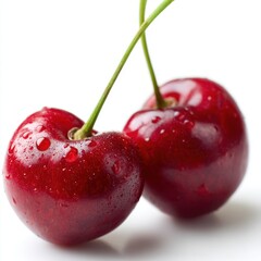 Close up view of pair of cherries with stems and water droplets isolated on white background