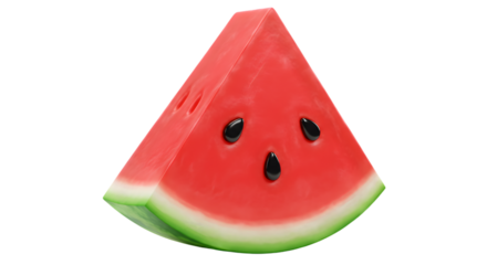 A close up shot of a triangular watermelon slice with seeds isolated on a black background space around it