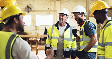 Meeting, foreman and construction group on site for planning with building, maintenance or repair....