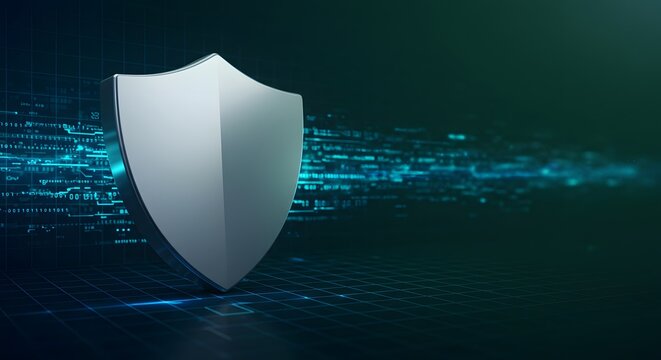 Shield icon with binary code and firewall grid behind it digital photo