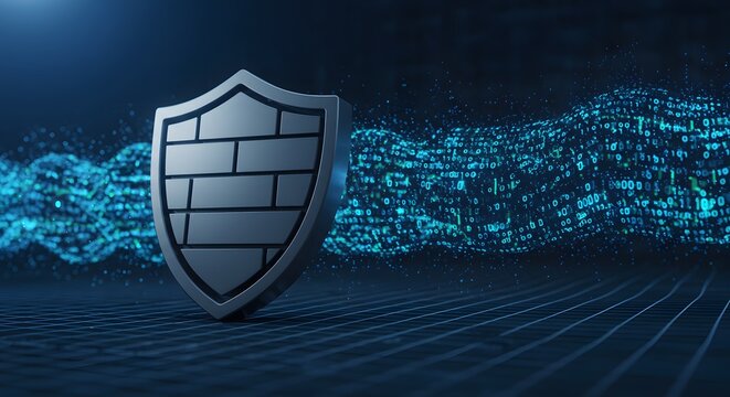 Shield icon with binary code and firewall grid behind it digital photo