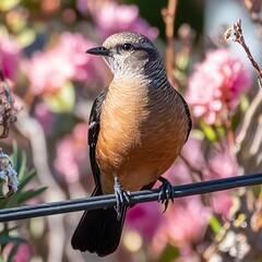 Rufous-breasted Chat Bird on Wire Spring Flowers