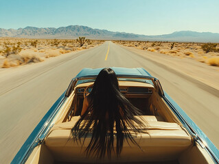 A long drone shot, frame from a music video, showing a woman with long black hair driving an old convertible down a long desert road. The shot is a high angle behind the car. The woman's hair is blowi