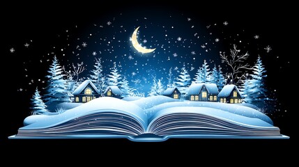 A wintery village nestled within an open book, illuminated by the night sky.