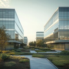 Obraz premium a modern corporate campus featuring buildings with transparent facades and green roofs isolated on a plain background a sleek office campus with ecofriendly features and minimalist design 