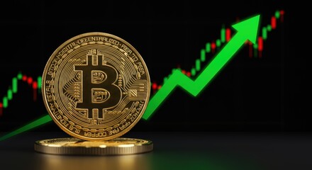 A Bitcoin coin is shown in front of a rising green arrow and a stock chart. perfect for cryptocurrency concepts, finance blogs, investment websites, and digital marketing materials.