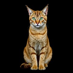 A cat with green eyes is sitting on a black background
