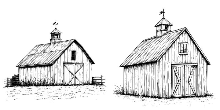 Two rustic barns stand in a grassy field under a clear sky, showcasing traditional architecture and rural charm