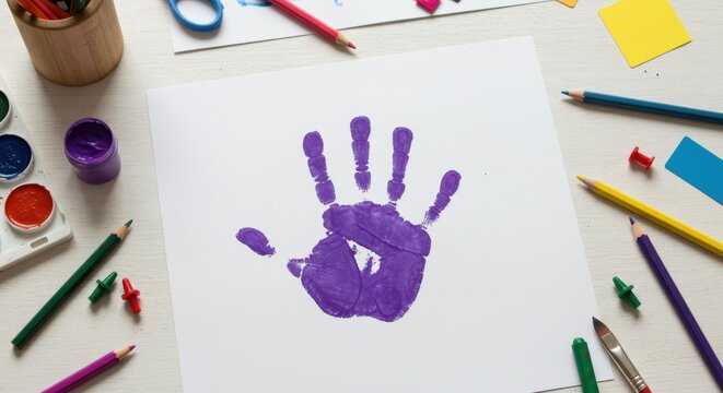 Creative handprint art with purple color on a white background  