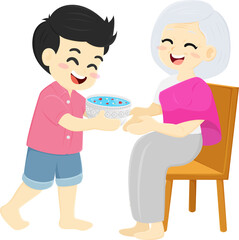happy children young girl and granmother elderly character pouring water Songkran day festival cartoon illustration design