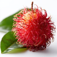 Close up of a vibrant red rambutan fruit with green leaf beside it isolated on white background