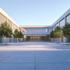 a contemporary civic center with open airy outdoor spaces and minimalist design isolated on a plain background