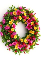 Lush green wreath overflowing with vibrant blooms and glistening berries, decoration, oak, stock photo