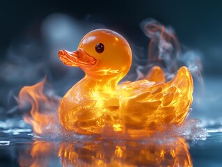 Macro Shot of a Rubber Duck Engulfed in Flames in Water