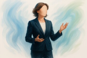 Introspective Female Business Figure in Her 40s, Articulating Vision, Soft Gradients, Poised and Edgy