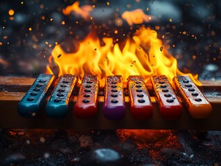 Toy Xylophone Ignites in Vibrant Fire Display in Outdoor Setting