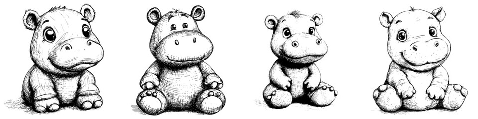 Naklejka premium Four cute hippo cartoon characters sitting in various poses, showcasing playful expressions and distinct features in a fun art style