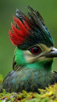 A vibrant Long-wattled Umbrellabird, adorned with iridescent green feathers and a striking red crest, stares directly at the camera, water droplets clinging to its plumage.
