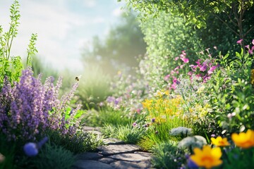 Naklejka premium Garden filled with organic herbs and flowers