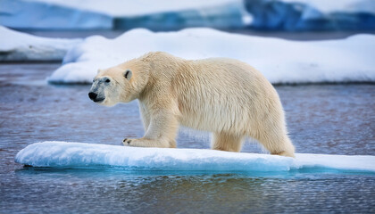closeup big polar bear on drifting ice edge with snow and water in arctic svalbard north pole with blur background