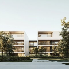 a contemporary residential complex characterized by minimalistic facades and clean lines isolated on a plain background  a sleek apartment building with simple geometric forms and subtle landscaping 