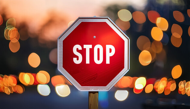 stop road sign red octagon with white lettering blurred bokeh on background