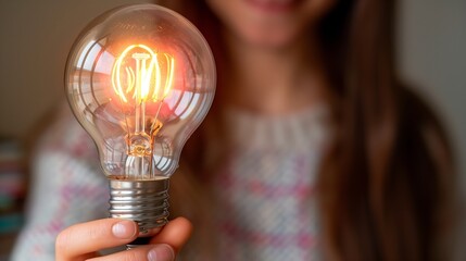 A woman grips a light bulb with her thumb and index finger