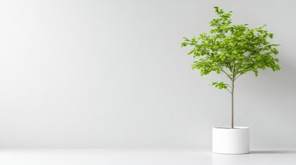 Minimalist room with potted plant.  A small potted plant sits in front of a light gray wall