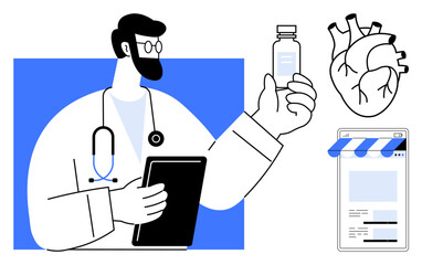 Doctor with stethoscope holding vial and clipboard, showing healthcare tools and technology. Ideal for telemedicine, pharmacy, health education, diagnostics, medical services, cardiology, flat simple
