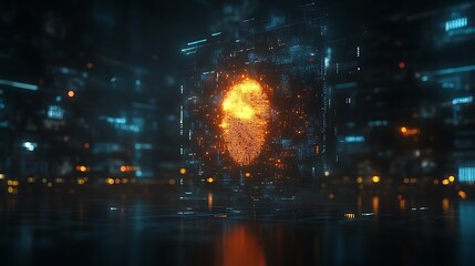 A digital fingerprint projection within a futuristic cityscape.