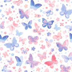 Watercolor Butterfly Pattern with Pink and Blue Hues on White Background with Repeating Floral Elements