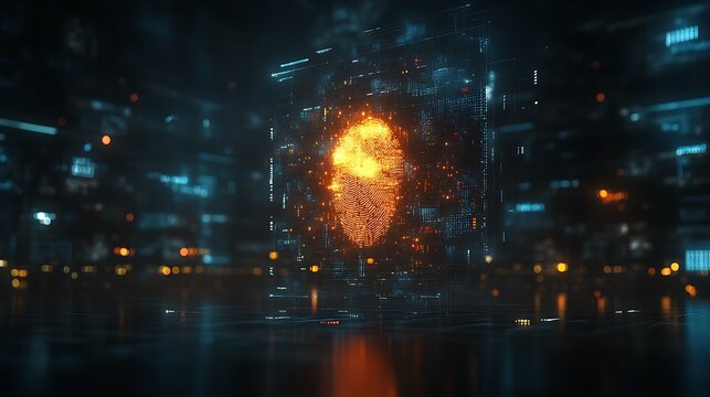 A digital fingerprint projection within a futuristic cityscape.
