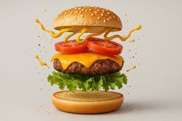 Floating burger with cheese, lettuce, tomato, and sesame bun