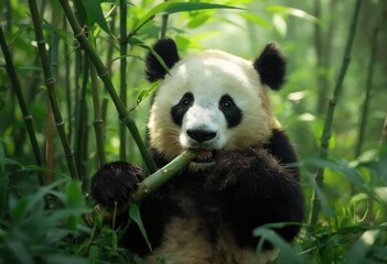 Fototapeta premium A panda eating bamboo in a forest with sunlight and vibrant colors