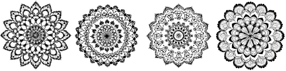 Intricate black and white mandalas featuring detailed floral patterns and symmetrical designs suitable for various artistic projects