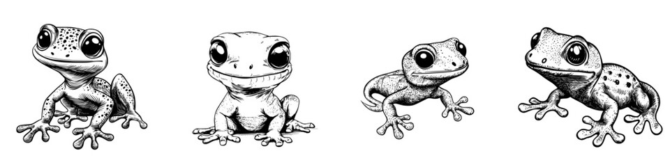 Naklejka premium Various frogs display unique features and expressions in a delightful arrangement on a white background
