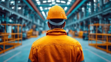 A focused industrial worker in a yellow helmet looks towards a manufacturing hall at work.